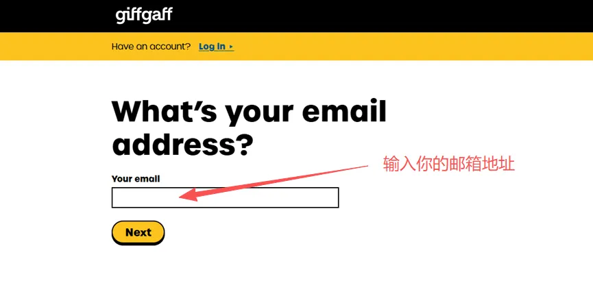输入你的邮箱，注册一个giffgaff的账号
